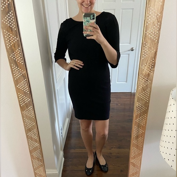 J. Crew Black 3/4 Bell Sleeves w/ Knee Length Skirt Sheath Formal Lined Dress 2 - Picture 1 of 9